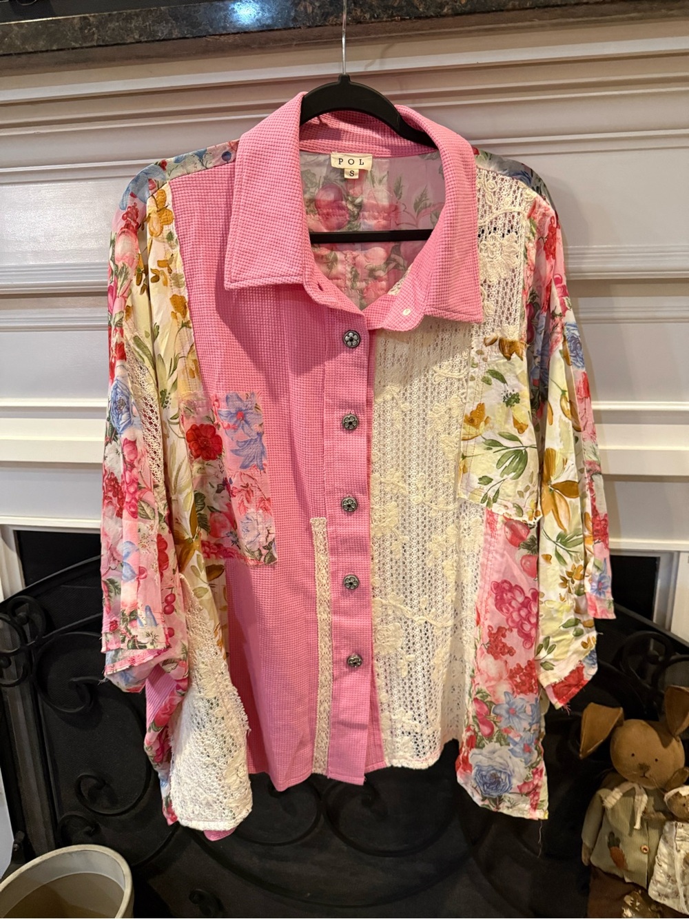 POL Pink Floral Patchwork Button-Down Women's Top